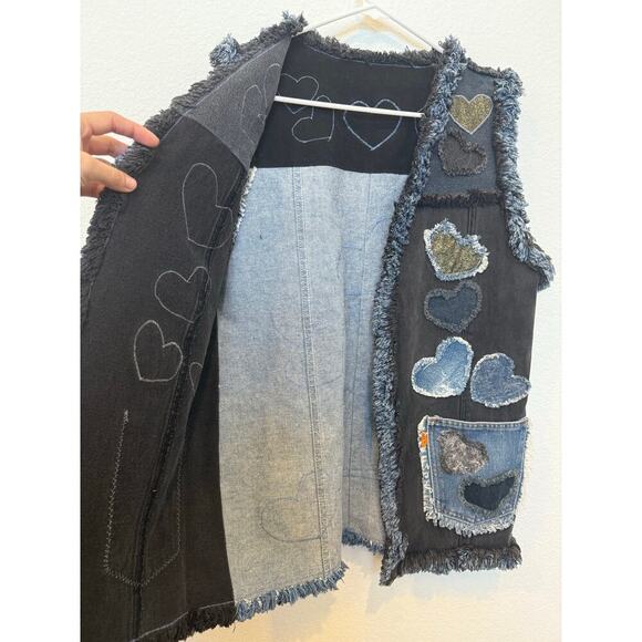 Vintage Denim Distressed Heart Valentine Vest Pockets Black Blue‎ - Picture 6 of 8